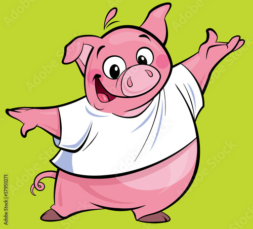 Картината върху платно Cartoon happy pink pig character presenting wearing a T-shirt