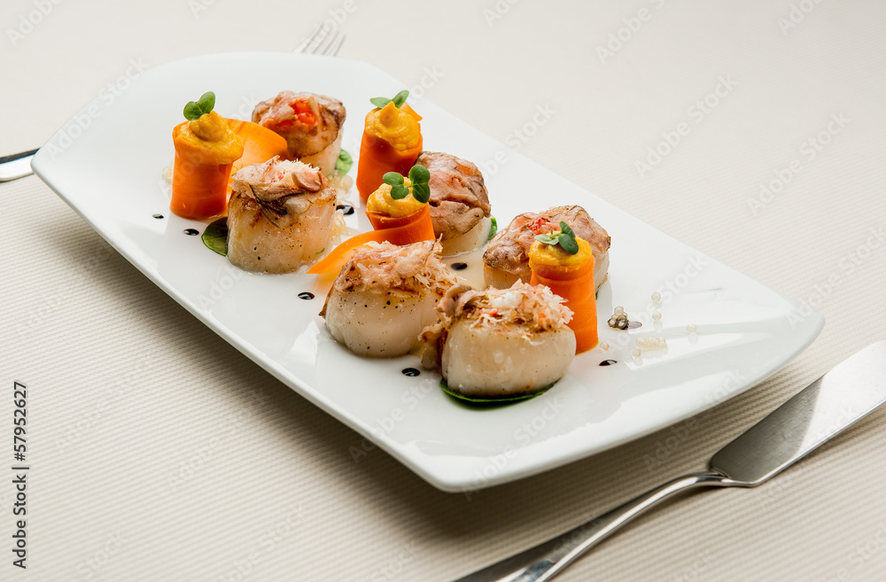 Delightful dish with fish fillet and carrot with pumpkin sauce Delightful dish with fish fillet and carrot with pumpkin sauce