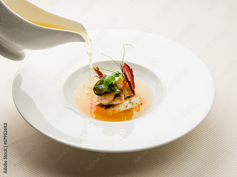 White bowl of fresh seafood soup White bowl of fresh seafood soup
