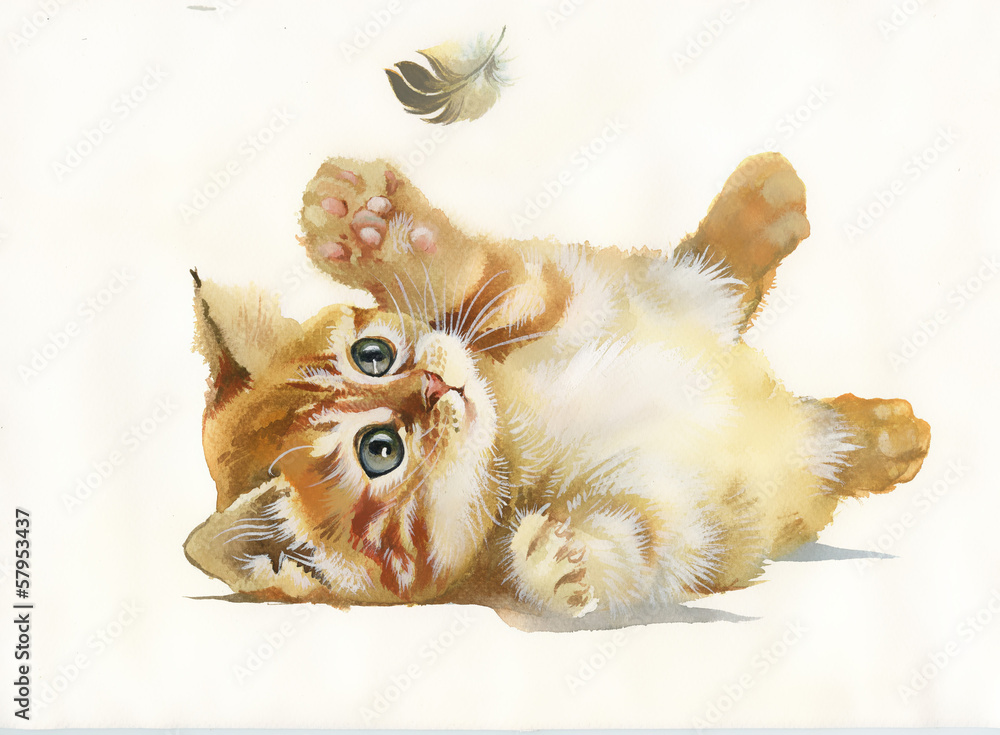 Naklejka premium Watercolor Animal Collection: Cat and feather