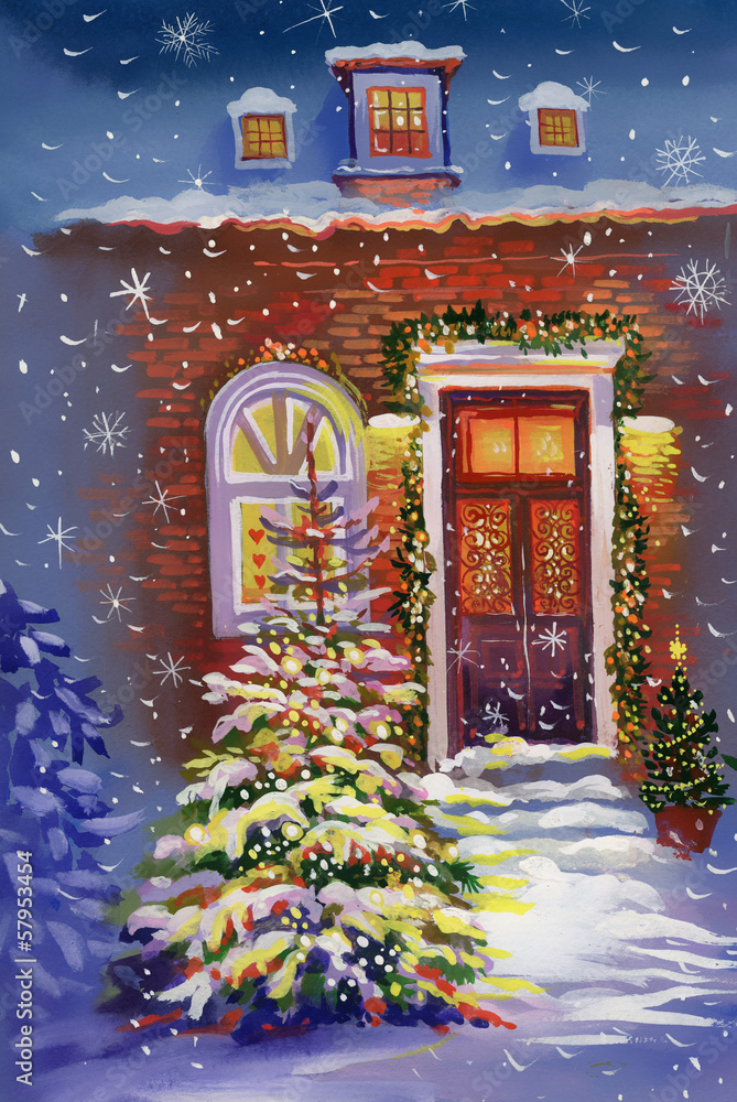 Fototapeta premium Watercolor house with christmas tree