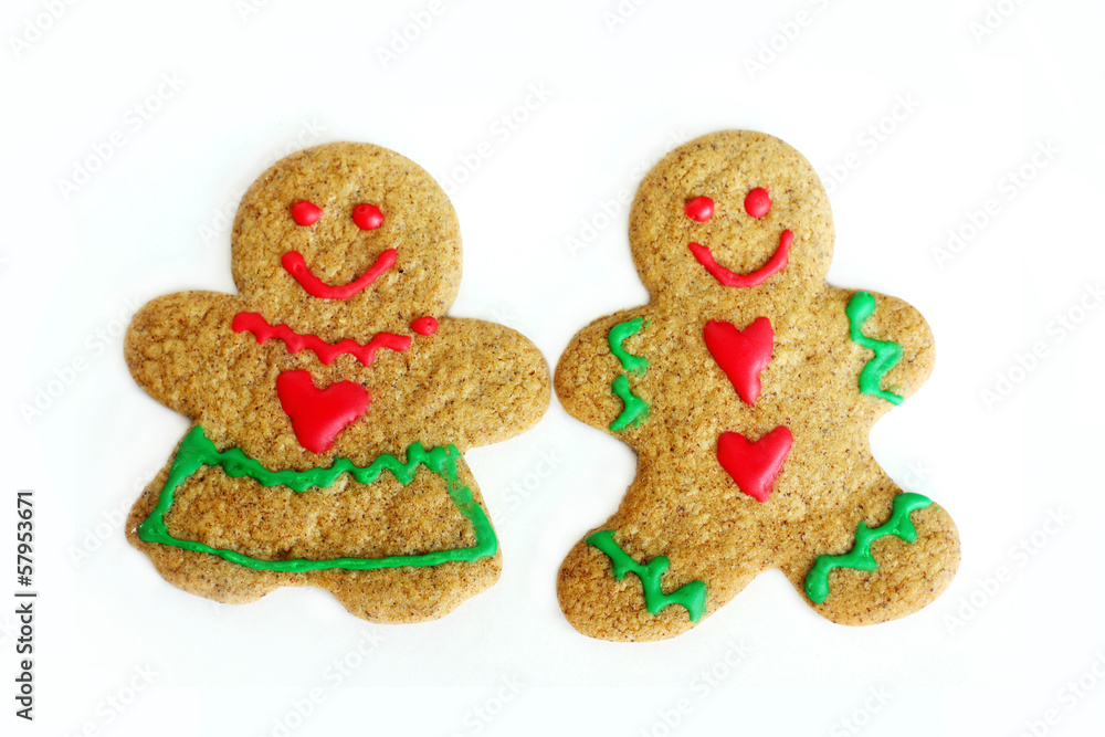 Man and Woman Christmas Gingerbread Cookies Isolated on White