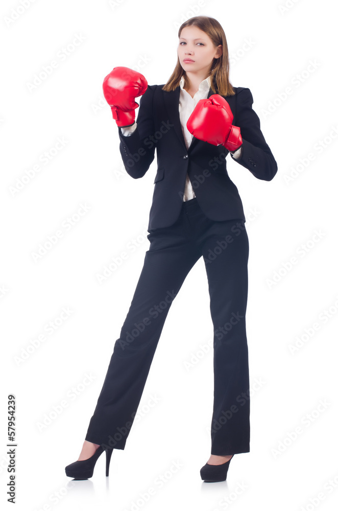 Woman businesswoman with boxing gloves on white Woman businesswoman with boxing gloves on white