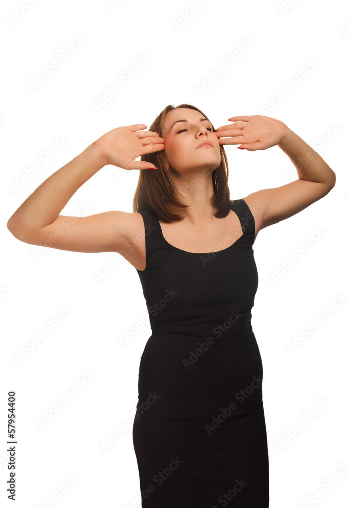 young portrait tired woman in pain stress headache, holding his young portrait tired woman in pain stress headache, holding his