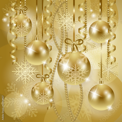 Christmas background with baubles in gold