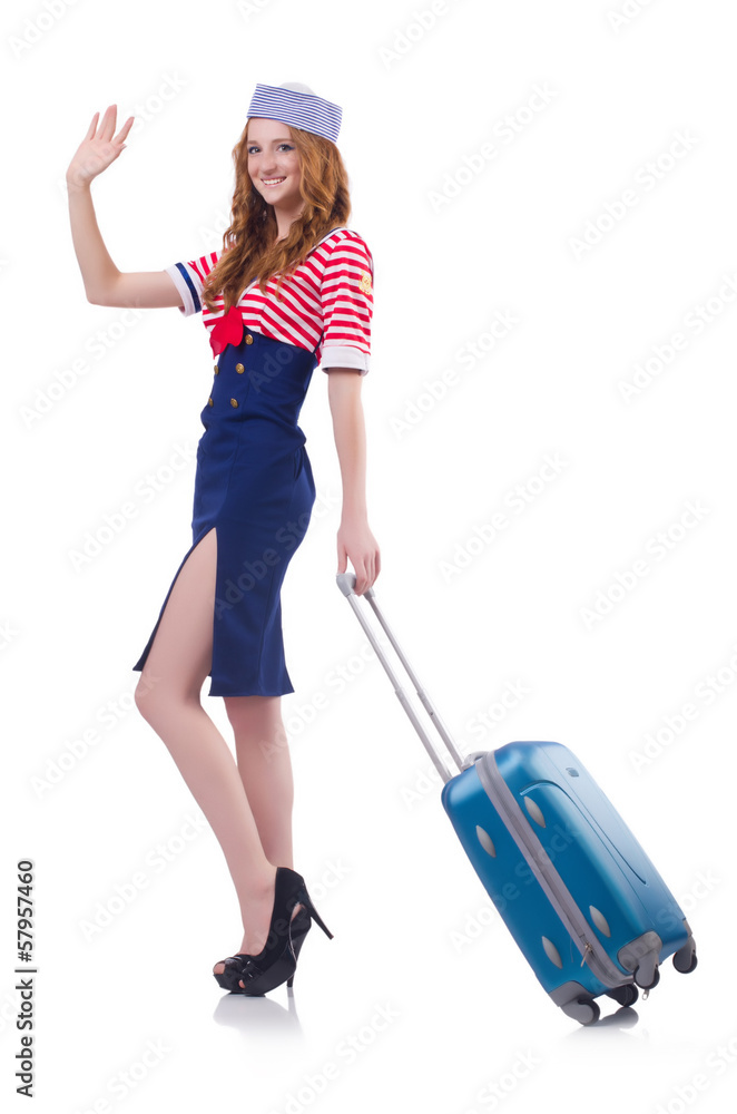 Woman travel attendant with suitcase on white Woman travel attendant with suitcase on white