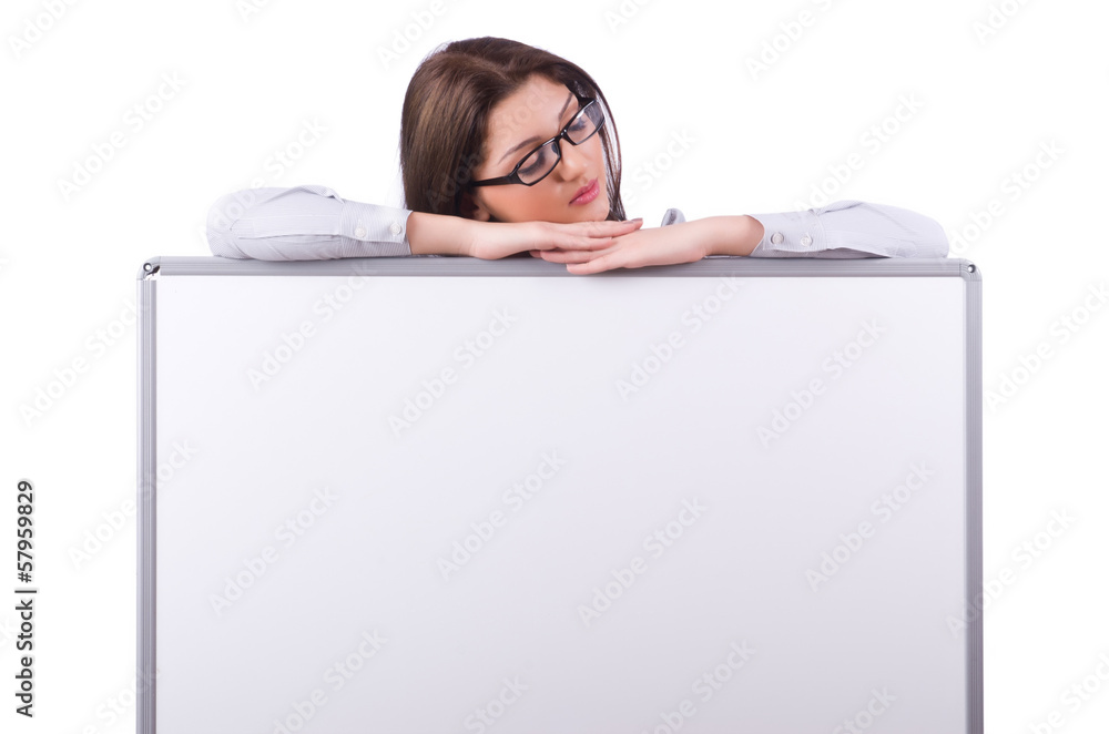 Young woman with blank board on white Young woman with blank board on white