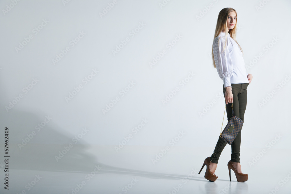 Fashionable woman with a bag in light background Fashionable woman with a bag in light background