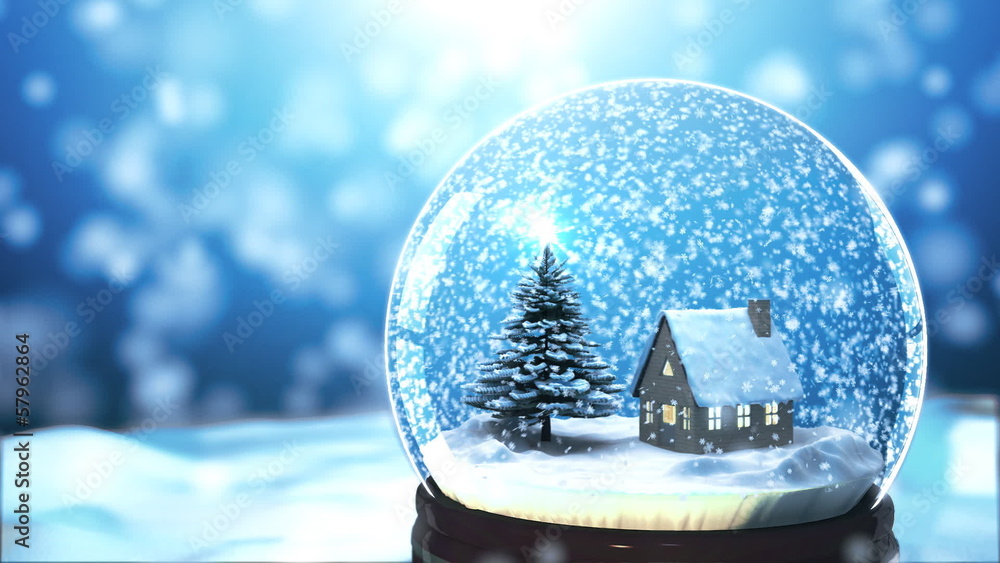 Christmas Snow globe Snowflake with Snowfall on Blue Background Stock ...