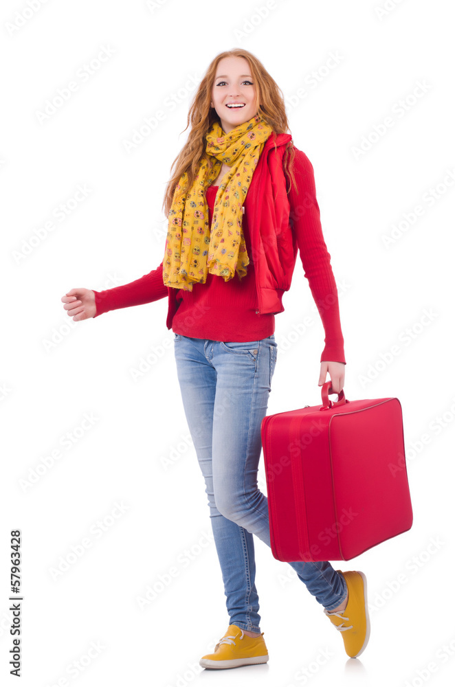 Woman preparing for vacation with suitcase on white Woman preparing for vacation with suitcase on white
