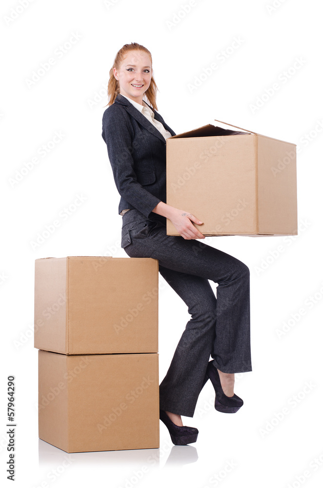 Woman businesswoman with boxes on white Woman businesswoman with boxes on white