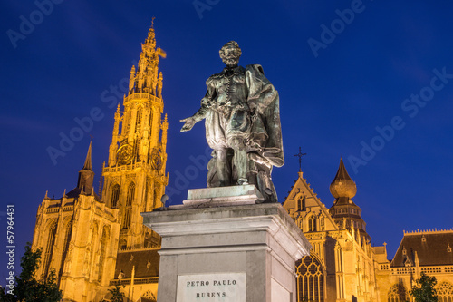 Antwerp - Statue of painter P. P. Rubens and cathedral