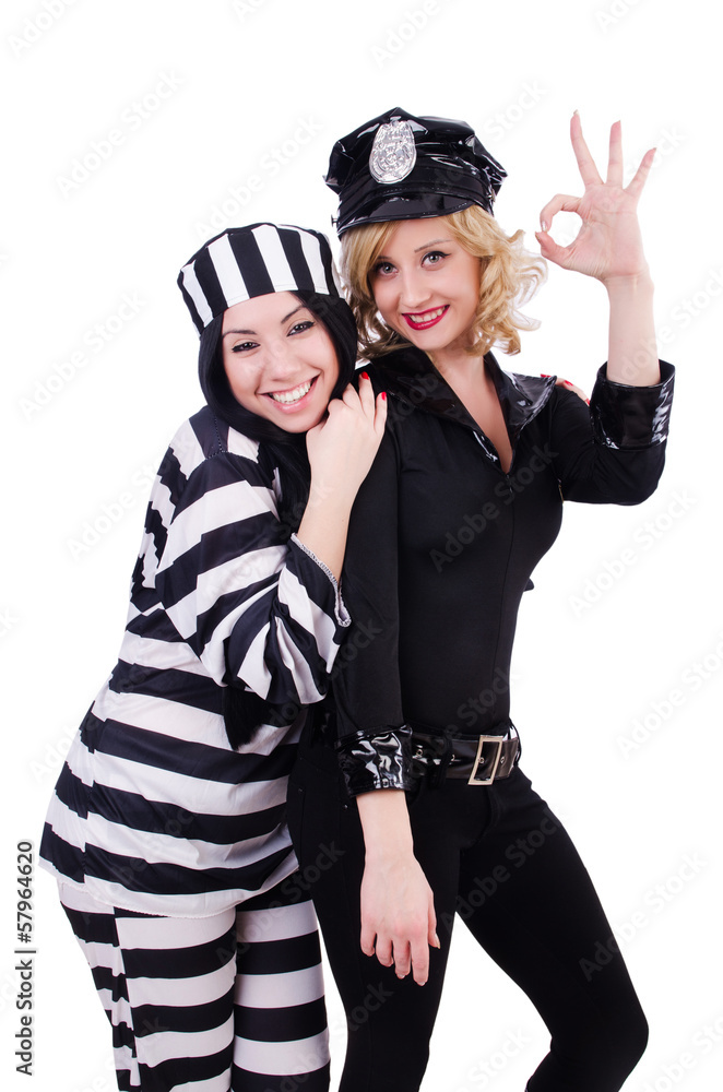Prisoner and police isolated on the white Prisoner and police isolated on the white