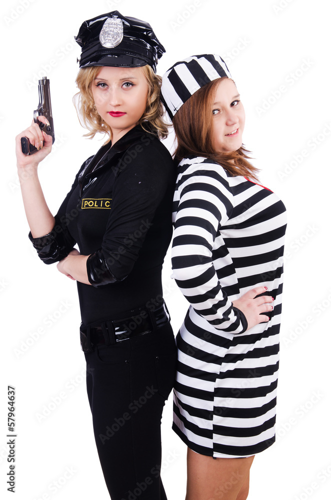 Prisoner and police isolated on the white Prisoner and police isolated on the white