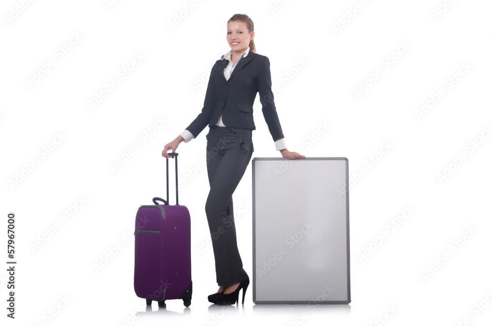 Woman preparing for vacation with suitcase on white Woman preparing for vacation with suitcase on white