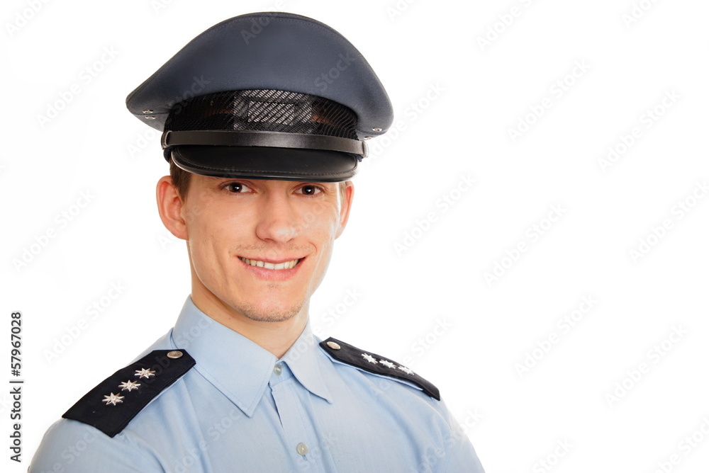 Portrait of young smiling policeman on white background. Portrait of young smiling policeman on white background.