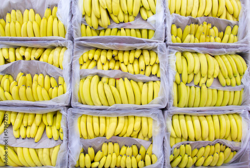 Ripe bananas in a box at the store.