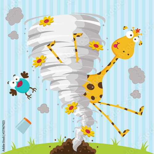 giraffe bird and tornado - vector illustration