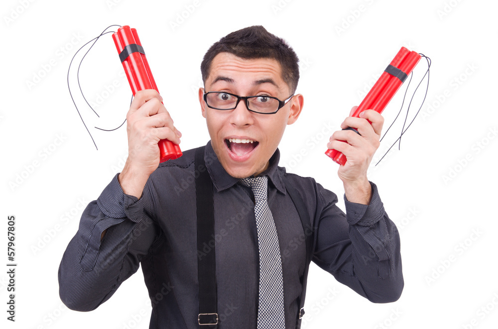 Businessman with dynamite isolated on white Businessman with dynamite isolated on white