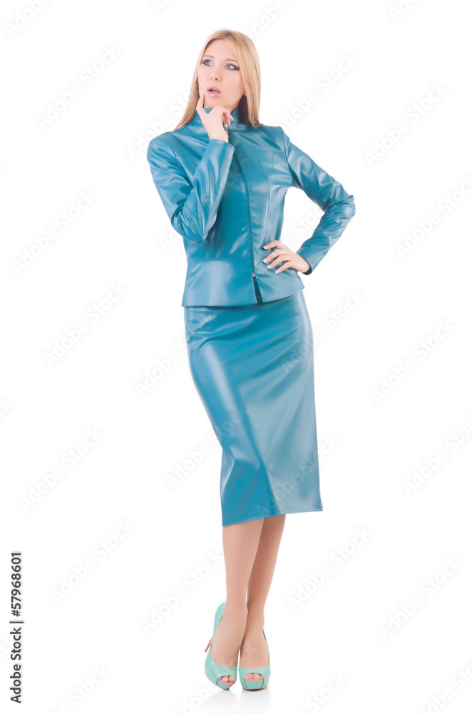 Fototapeta premium Woman model in blue leather suit