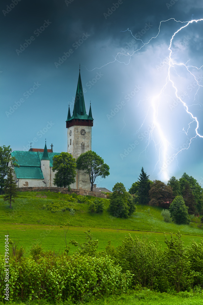 Storm with lightning in old village church