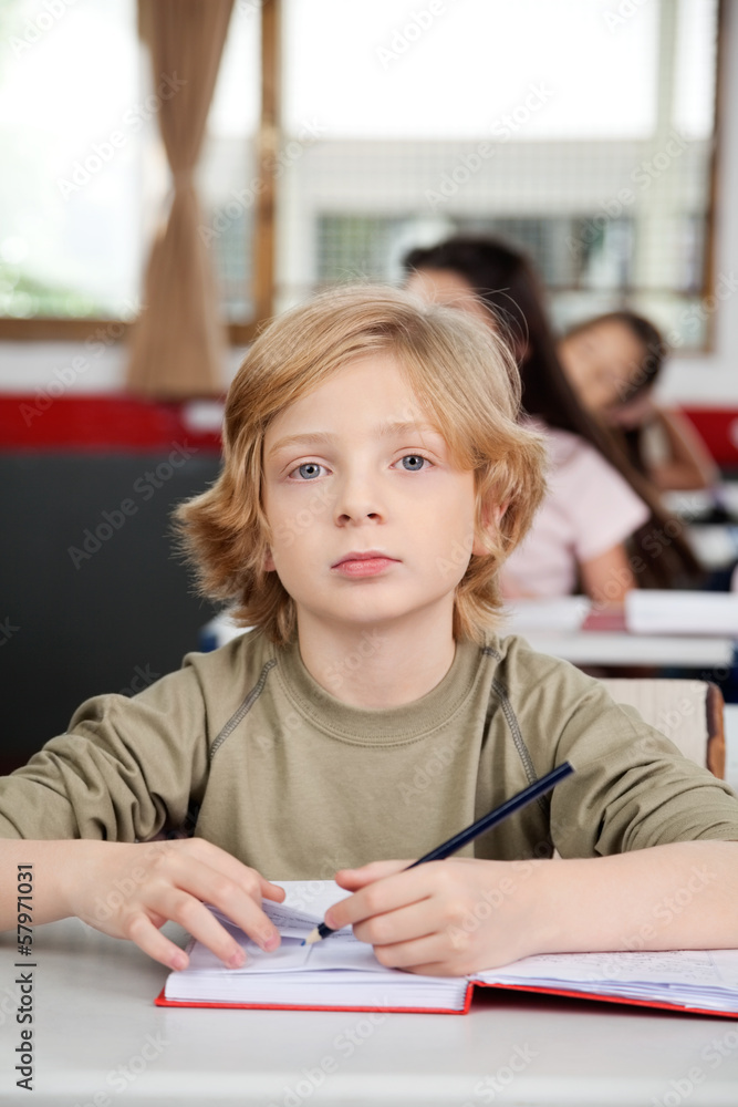 Portrait Of Schoolboy Writing In Book At Desk Portrait Of Schoolboy Writing In Book At Desk