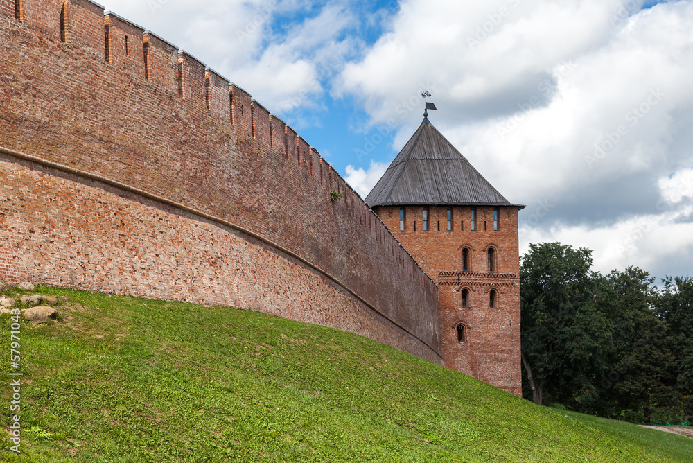 One of the towers Novgorod Kremlin with a fragment of a wall