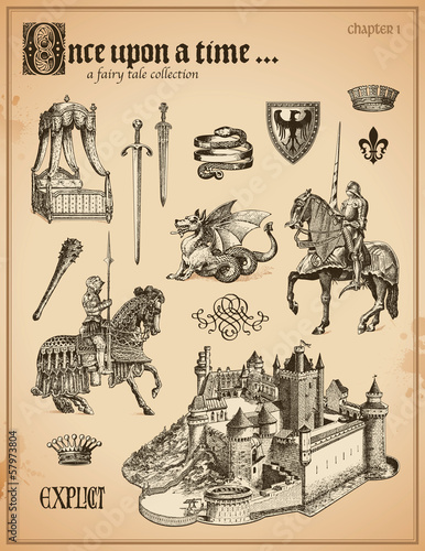 fairy tale collection with knights and medieval castle photo