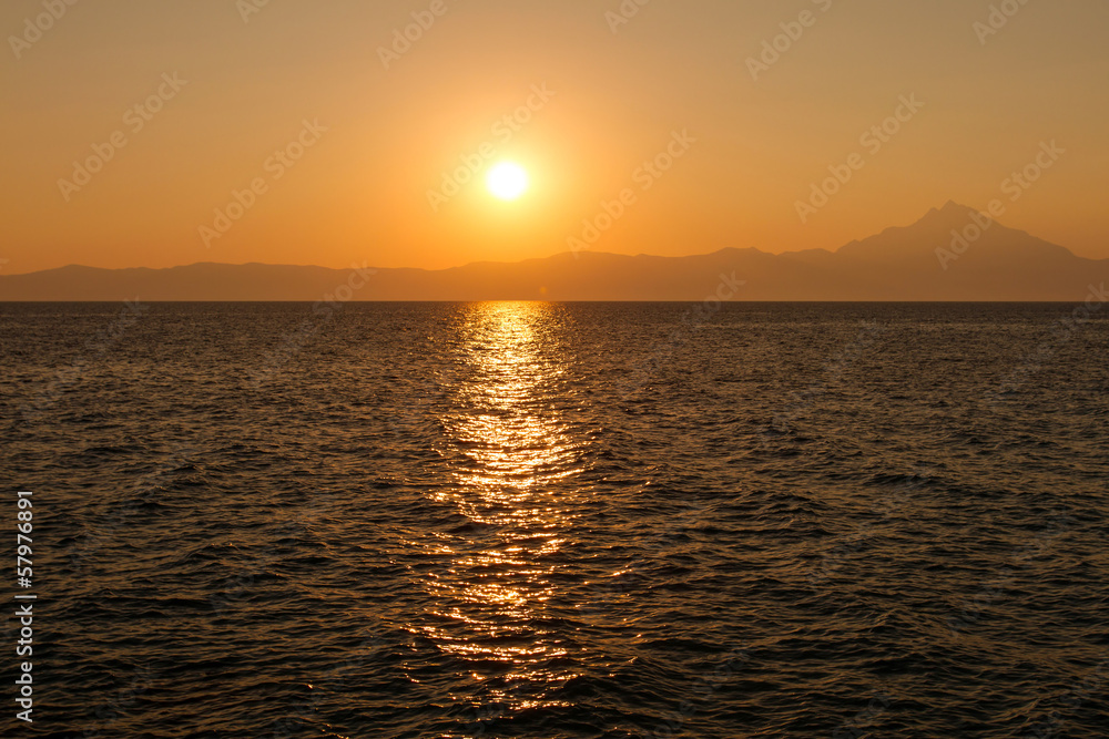 Athos Mountain at the sunrise. Aegean Sea, Greece