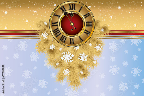 New Year greeting banner with xmas golden clock, vector