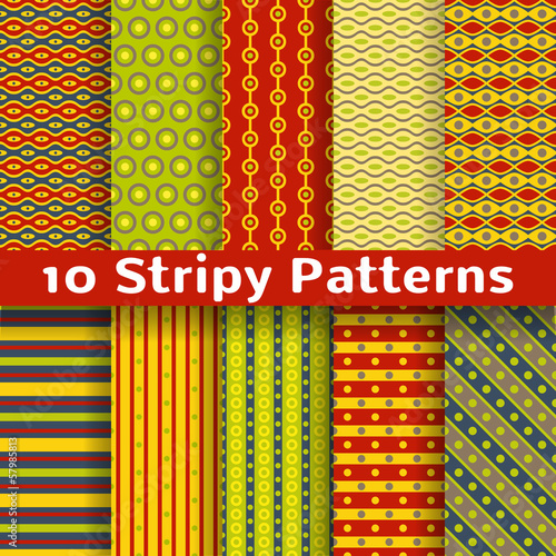 Different colorful stripy vector seamless patterns (tiling).