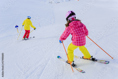 Ski, skiers on ski run - skiers skiing downhill