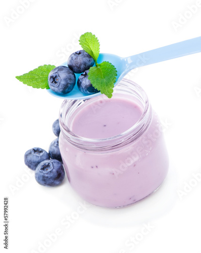 Delicious fresh youghurt with blueberries and mint
