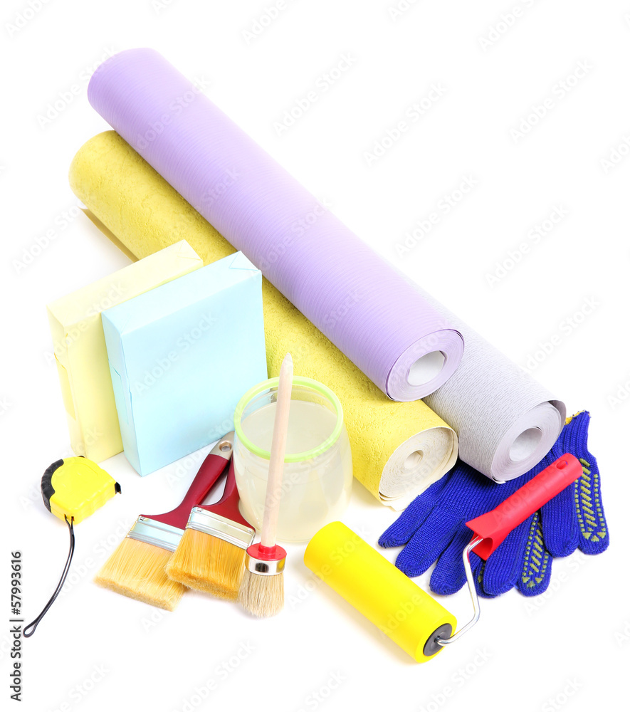 Wallpaper and accessories for glue wallpaper, isolated on white Wallpaper and accessories for glue wallpaper, isolated on white
