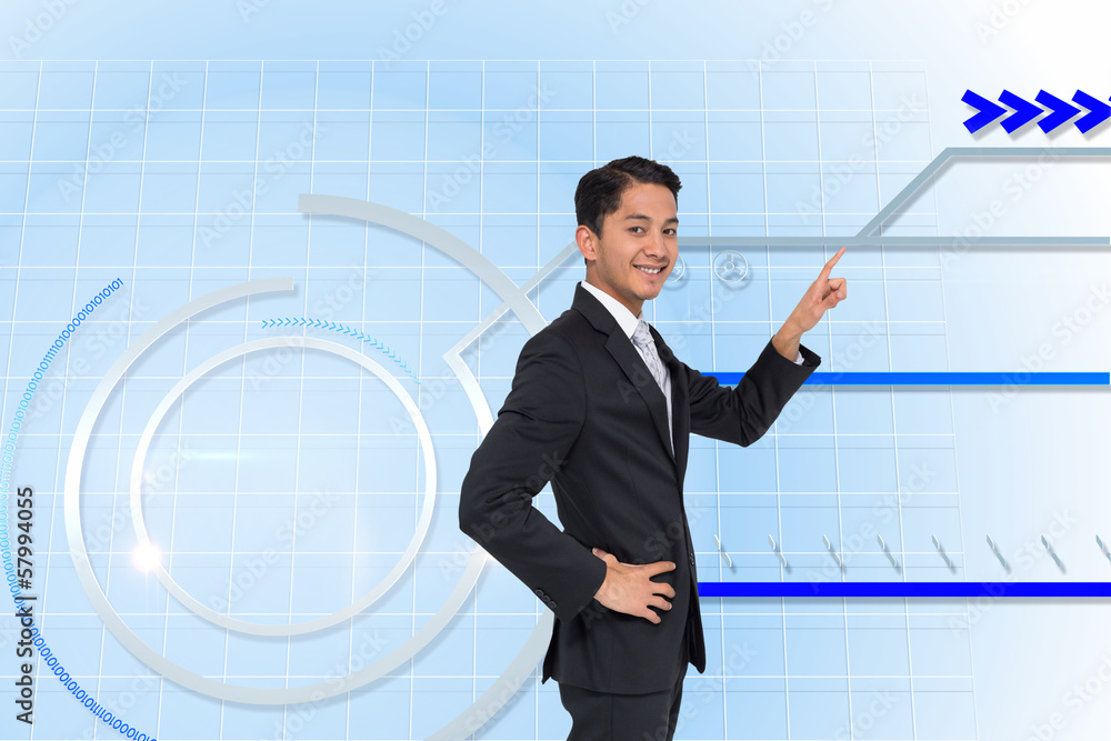 Composite image of smiling asian businessman pointing Composite image of smiling asian businessman pointing