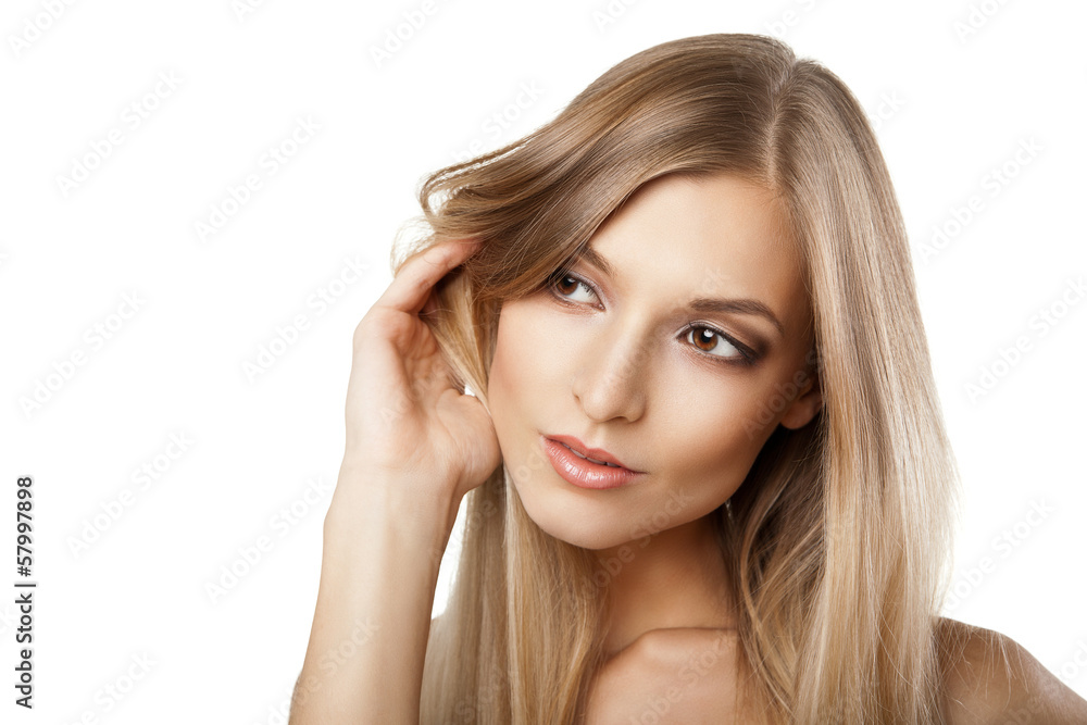 Woman with long straight blond hairs isolated Woman with long straight blond hairs isolated