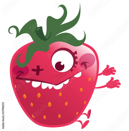 Cartoon pink strawberry fruit character making a crazy face
