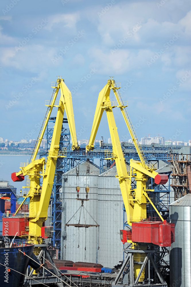 Cargo crane and grain dryer in port Odessa, Ukraine