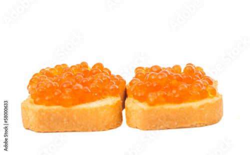 toast with red caviar isolated