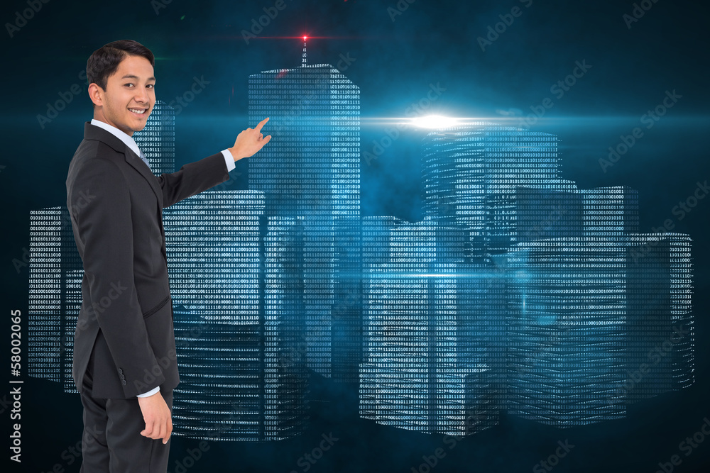 Composite image of smiling asian businessman pointing Composite image of smiling asian businessman pointing