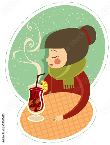Girl enjoying hot wine in winter cafe