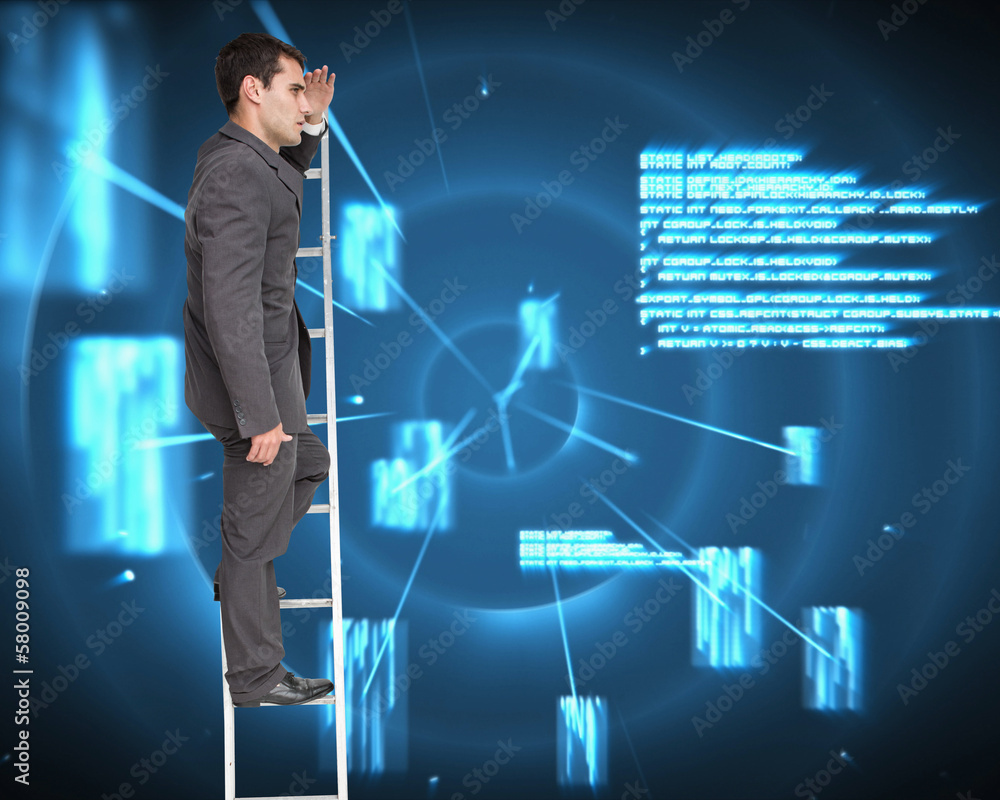 Composite image of stern businessman standing on ladder Composite image of stern businessman standing on ladder