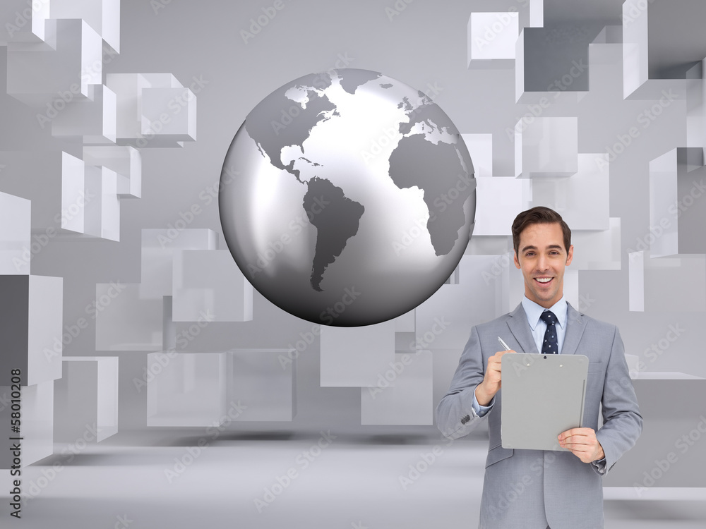 Composite image of happy businessman holding a clipboard Composite image of happy businessman holding a clipboard