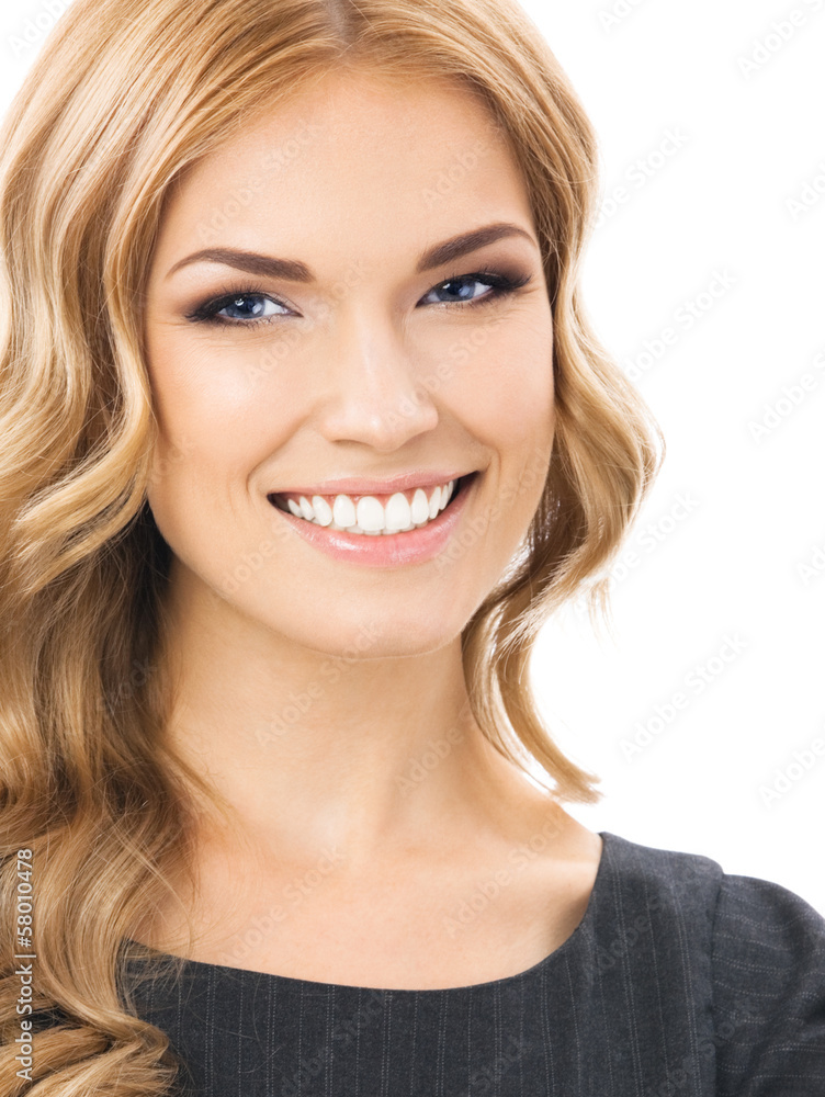 Young cheerful business woman, on white Young cheerful business woman, on white