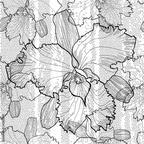 Fototapeta Naklejka Na Ścianę i Meble -  Seamless monochrome vector pattern from orchids
