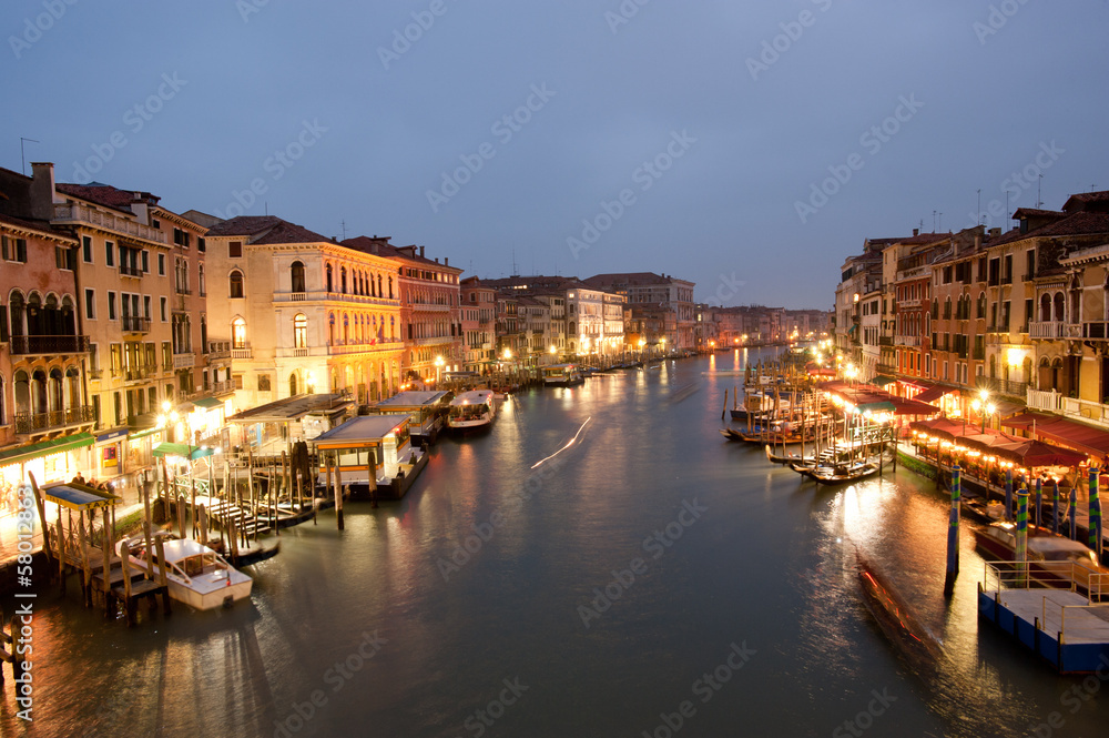 The view of Grand Canal at night from Rialto bridge.