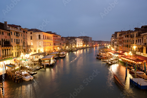 The view of Grand Canal at night from Rialto bridge.
