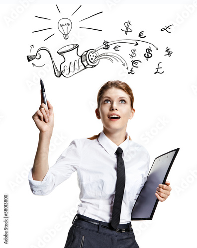 woman wearing with folder in her hand reading the signs photo