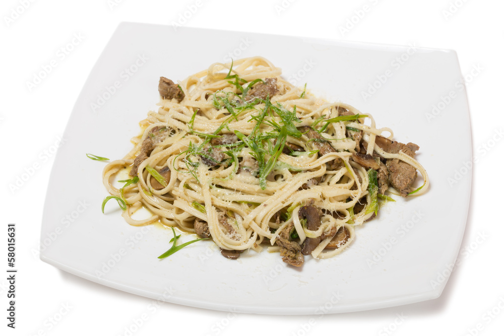 Udon noodles with beef tenderloin and mushrooms