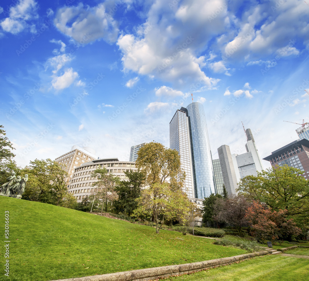 Frankfurt, Germany. Beautiful park with modern city skyline on a